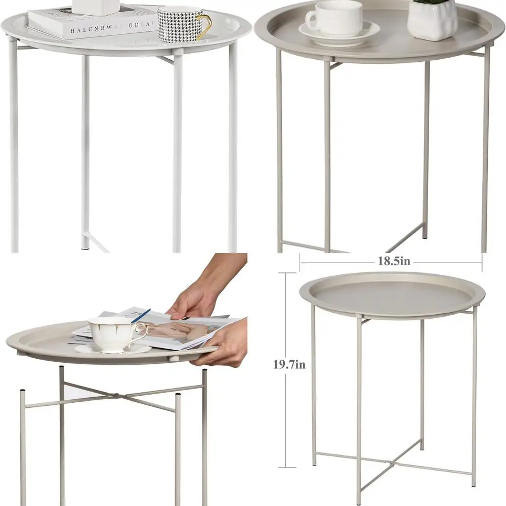 

Folding Metal Round Side Table with Tray, 19.7H x 18.5D, Beige for Living Spaces