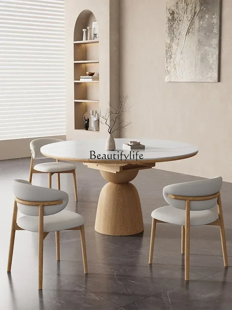 

ld 14 Solid Wood Stone Plate Dining Table Can Be Rounded Folding High-Grade Home Dining Table