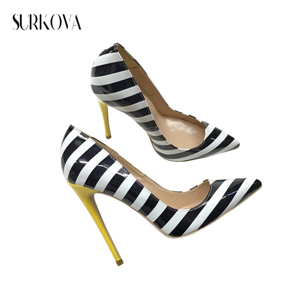 Black and White Zebra Striped Shiny PU Leather Thin Heel Pumps Woman Shoes Point Toe Leather Ladies Stiletto 8/10/12cm Thin Heel