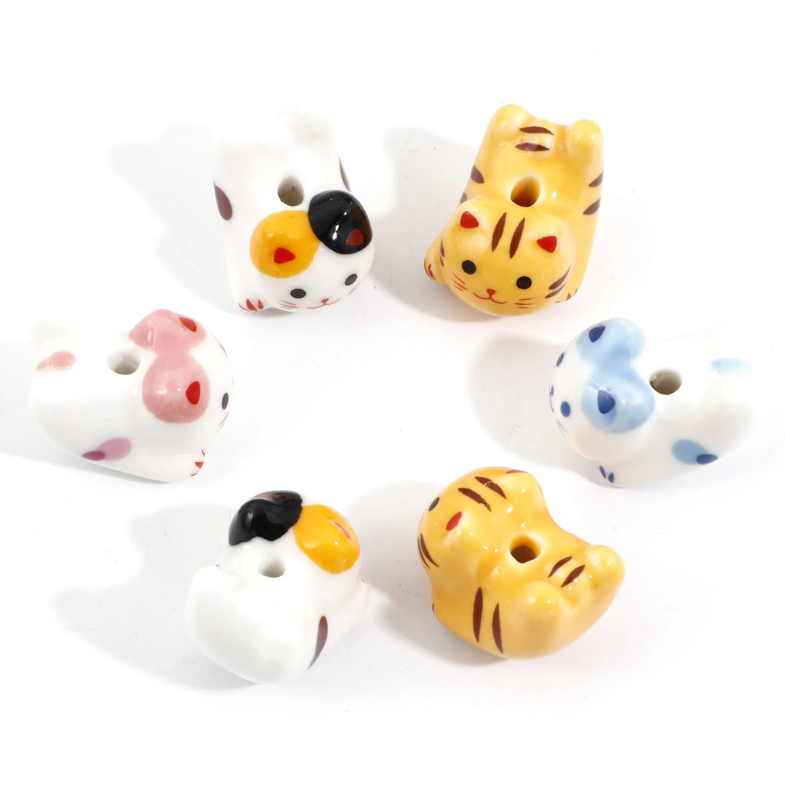 Cute 3D Cat Animal Ceramic Beads For DIY Charm Jewelry Making Bracelets Necklace About 21mm x 16mm, Hole: Approx 2.4mm, 2 PCs