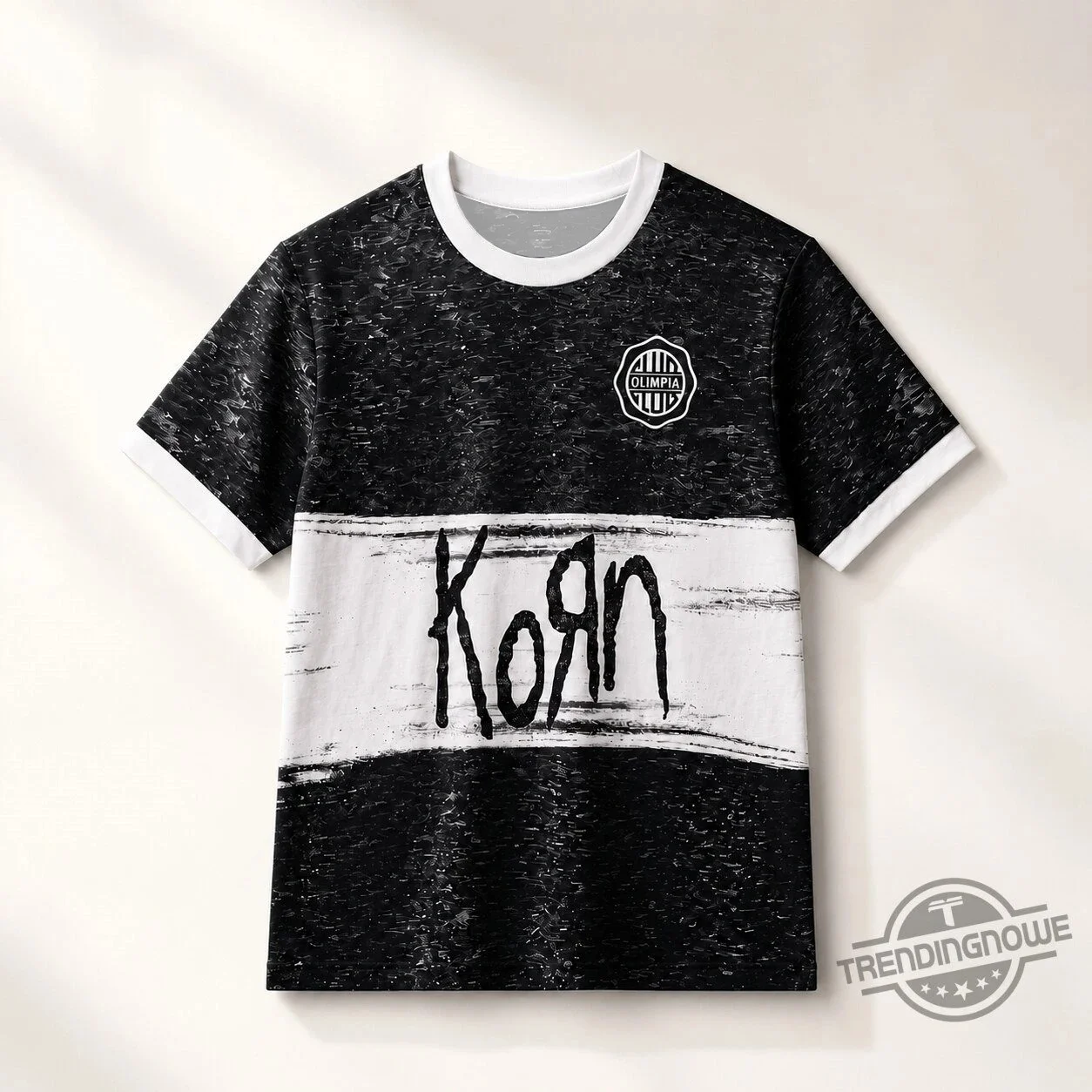 Retro Family Replica Inspired Black‑White Block Rock Band Jersey Parent‑Kid White Trim Crew Neck Distressed Texture Sport TShirt
