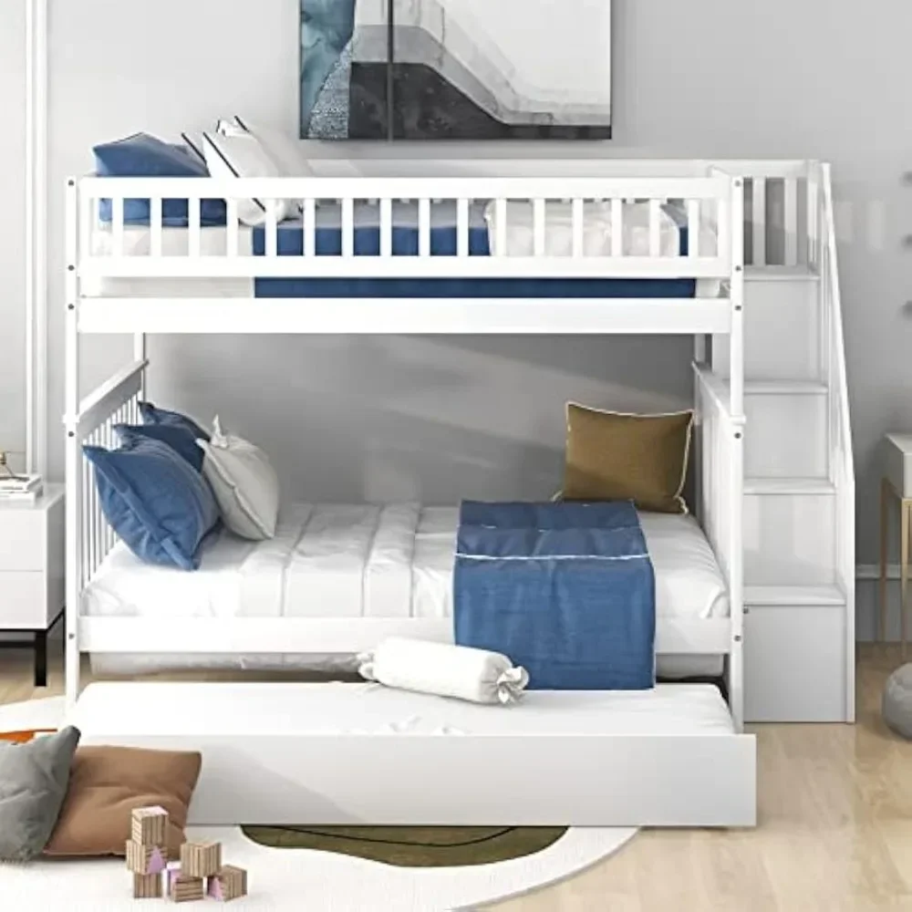 Wooden bunk bed with roller bed, staircase, guardrail, bunk bed frame with storage shelves, suitable for children, teenagers