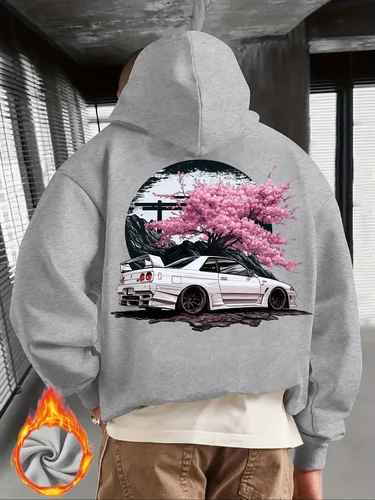 Imagen 2 del producto Sudadera con capucha negra para hombre con coche JDM blanco y estampado de espalda de flor de cerezo rosa, jersey estilo callejero japonés
