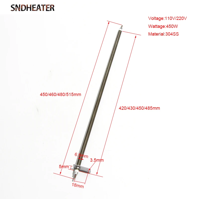 SNDHEATER Heating Element for Electric Oven 110V 220V 450W 304SS 6.5mm*450/460/480/515mm Air Heater for Replacement 2pcs/lot