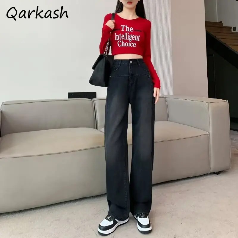 

Women Jeans Washed Do Old Straight Wide-leg High Waist American Vintage Simple High-end Floor-length Trousers OL Casual Trendy