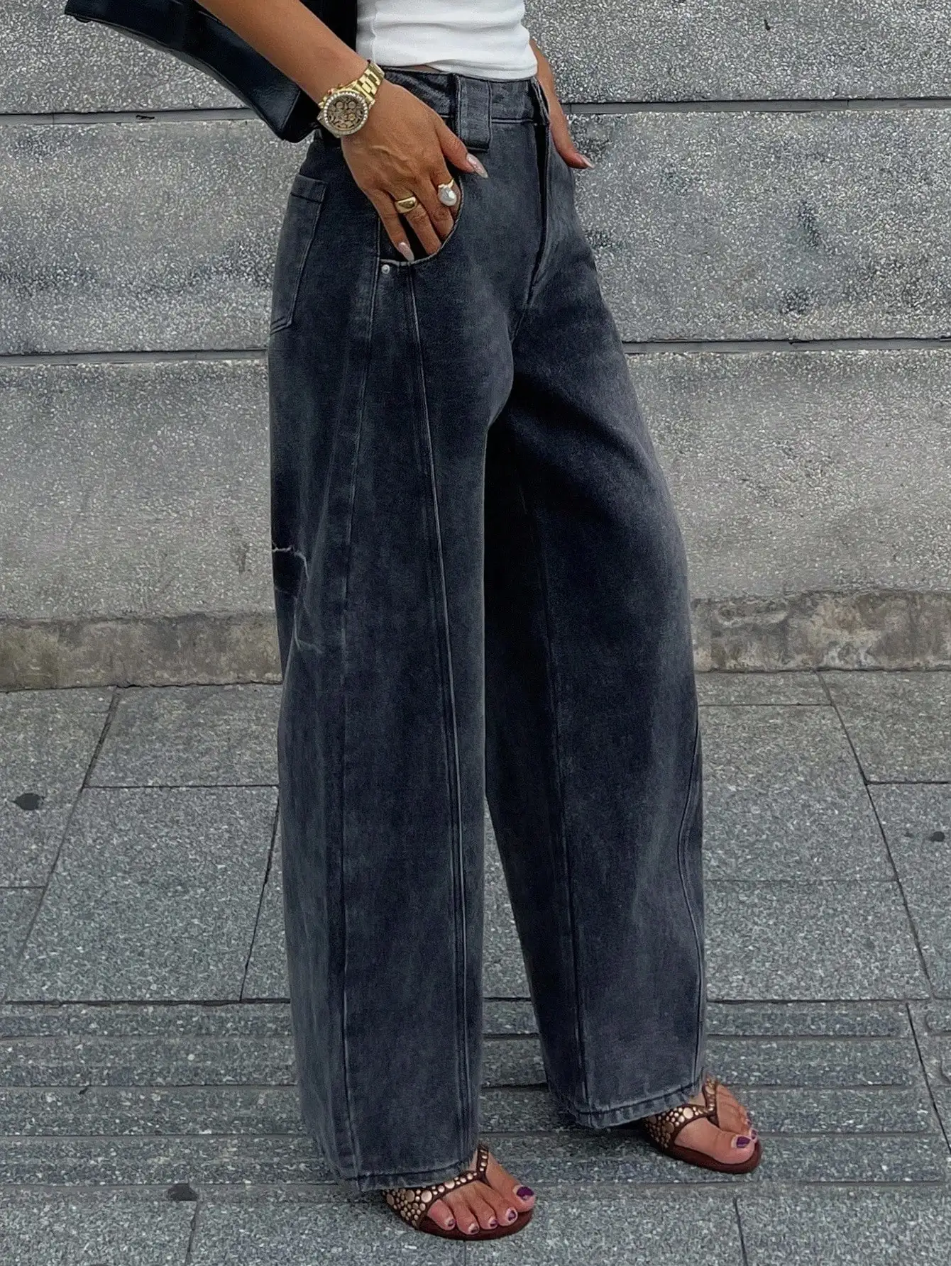 

Женские джинсы свободного кроя с широкими штанинами, винтажные, с эффектом потертости, повседневные, с высокой талией