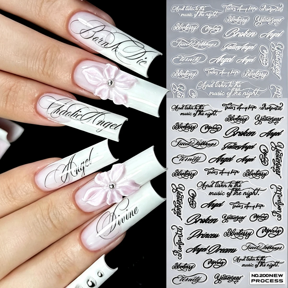 Gothic-style Italic English Font, Y2K Nail stickers, Black and White English Characters, punk Rock Style Nail stickers.