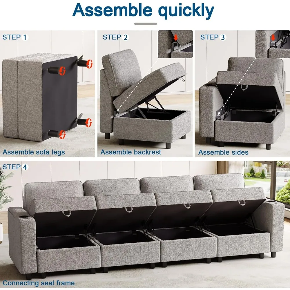 أريكة مقسمة معيارية، أرائك متعددة الوظائف لغرفة المعيشة مع مساحة تخزين، مسند ذراع مع حلقة قوية وحامل أكواب، لاسلكي