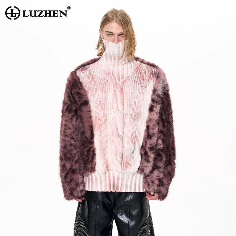 

LUZHEN 2025 Winter New High Quality Thickened Warm Stand Neck Knitted Pullover Men Street Original Fur Sweater Turtleneck JY5591