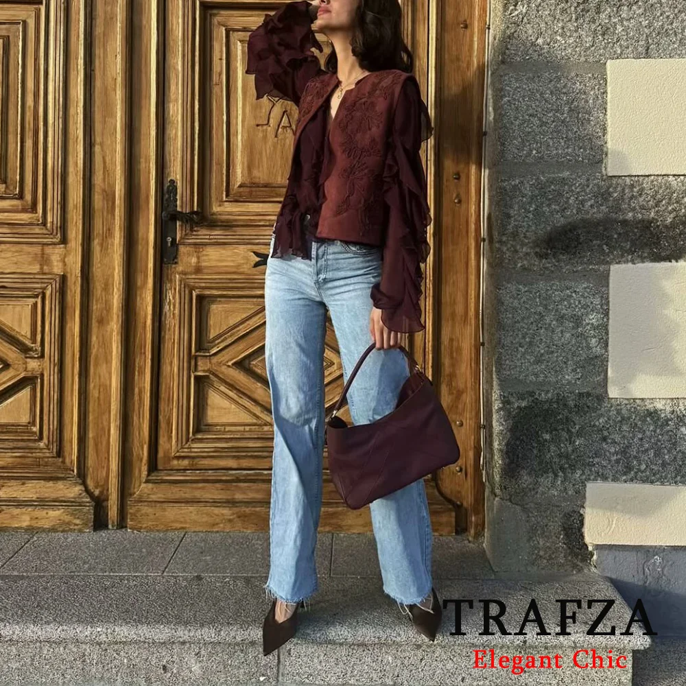 

TRAFZA Women Elegant Embroidered Suede Vest Or Ruffled See Through Shirts New 2025 Spring Summer Fashion Holiday Party Tops