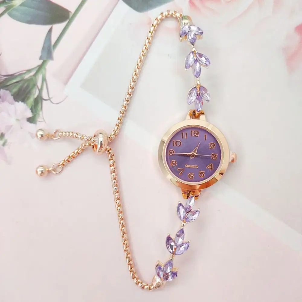 

Женские наручные часы с циферблатом, фиолетовым узором в виде листьев, регулируемым ремешком, элегантные кварцевые часы с круглым корпусом из сплава, инкрустацией бриллиантами, роскошные часы