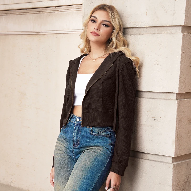 

Sean Tsing Sports Hoodie Jackets Women Long Sleeve Zipper Cropped Brown Solid Short Hoodies Sweatshirts Female Training Outwear