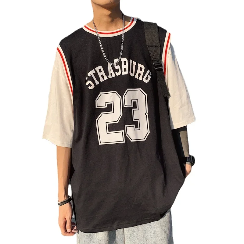 Fake Two-piece Basketball Uniform T-shirt Men 2023 New Summer Hip Hop Short-sleeved Jerseys for Students Streetwear Cotton Tees