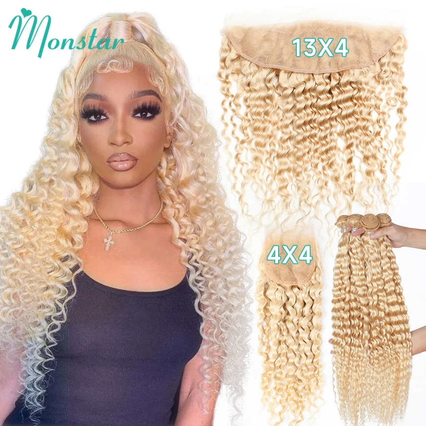 Mèches Deep Wave Brésiliennes Naturelles avec Closure, Cheveux Bouclés, Blond 613, 4x4, 13x4, 613