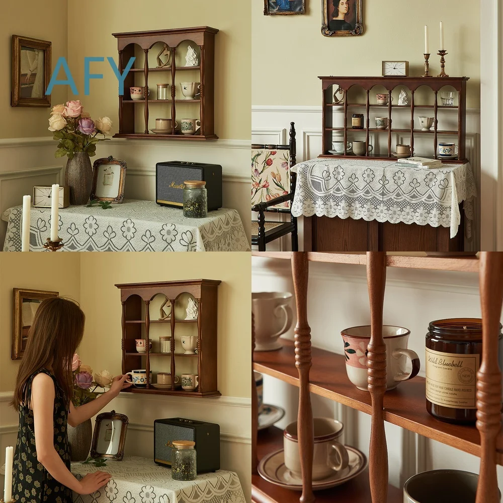 Vintage Wooden Wall Mounted Cup Holder Shelf for Retro Decor Display Rack for Collectibles Figurines Storage Organizer for