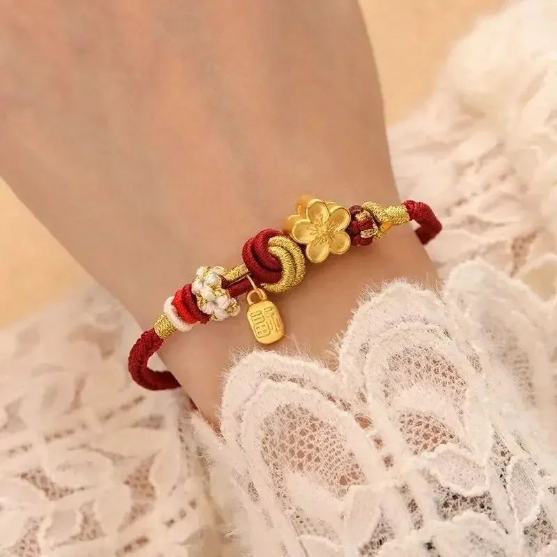 

Copper Gold-plated Hand Rope Peach Blossom Transfer Bead Bracelet Simple Ancient Style Big Year Fu Brand Jewelry Woven Red Rope