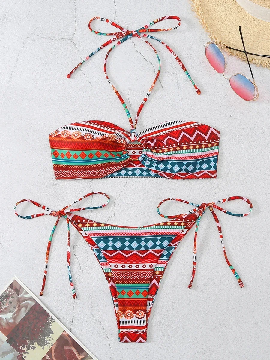 Sexy Bandeau Bikinis Set O-Ring Halter Bathing Suit Tie Side Thong Bikini 2024 Swimsuit Women Swimwear 2 Piece Beachwear Biquini