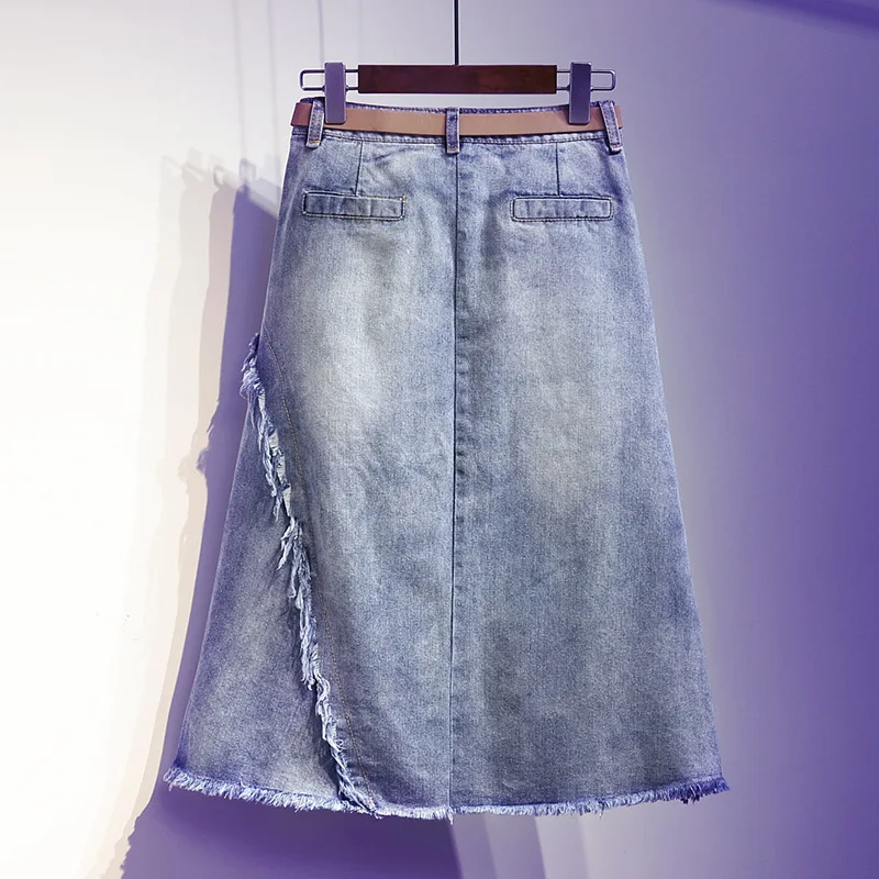 Cowboy Midi Skirt for Women in Spring and Autumn High Waist Loose Fit Slimming and Fringed A-line Mid Length Skirt