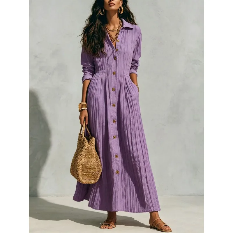 2026New Shirt Dress Solid Color Long Sleeve Lapel Maxi Dress Women Waist‑Tied Slim Open Front Casual Cardigan Style Long Dress