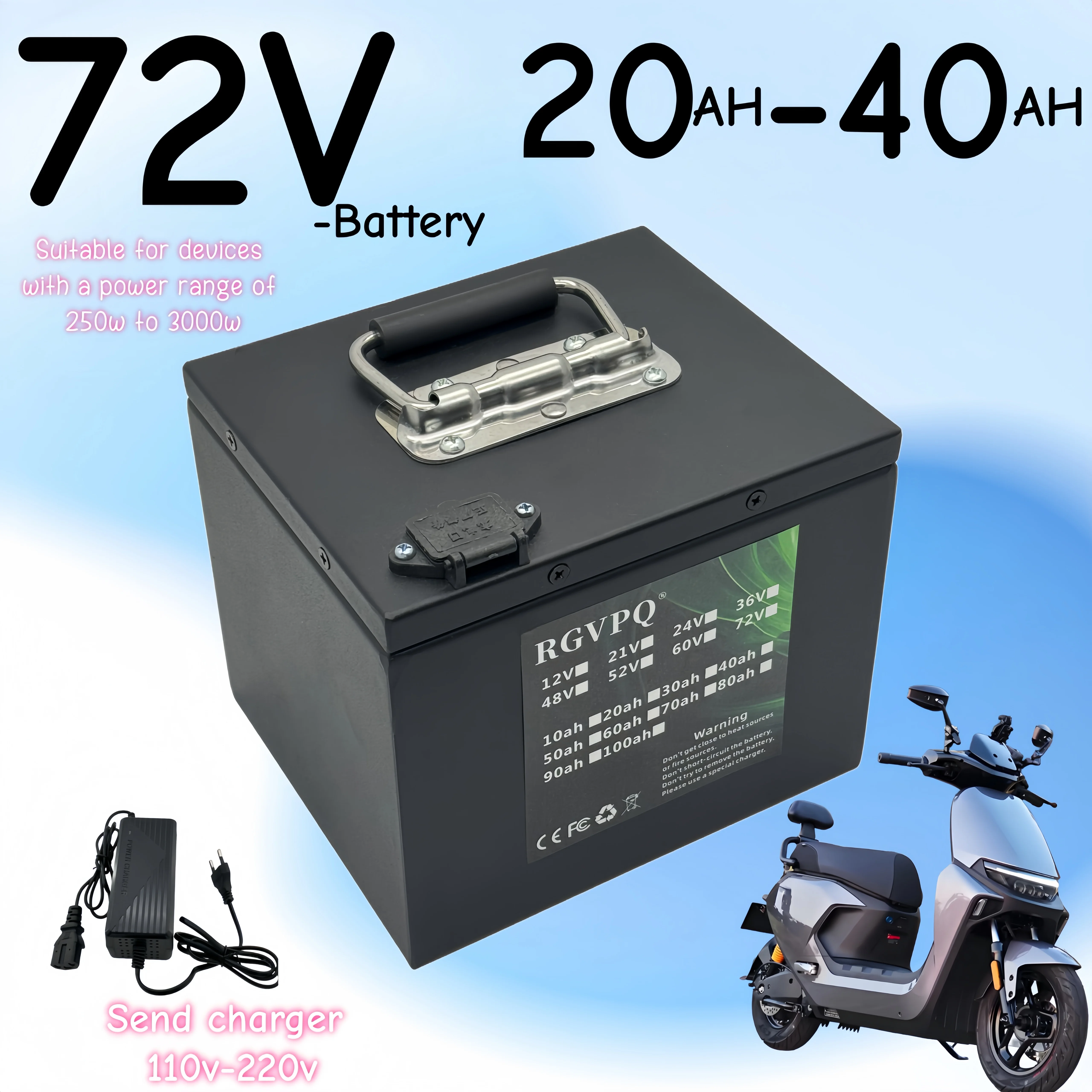 

Air freight RGVPQ72V 20AH-40AH， 18650 lithium-ion battery, BMS40AH+charger, suitable for power applications below 3000W