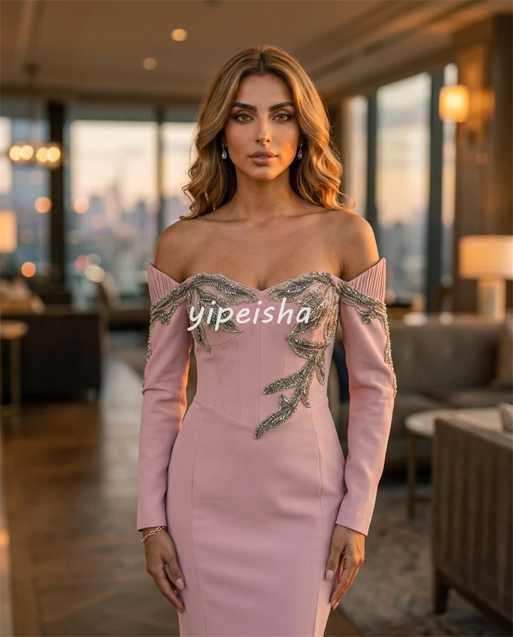 Customized Classic Women Jersey Beading Ruched Mermaid Evening Dresses Elegant Off-the-shoulder Three Quarter Sleeve Party Gowns
