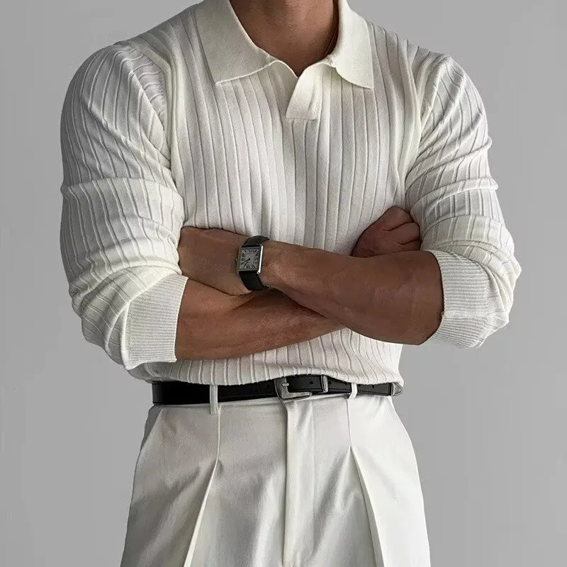 

Men's Fashion Luxury V-neck Knitted Jacquard Polo Shirt Solid Color Long-sleeved Popular Leisure Knitwear 2025