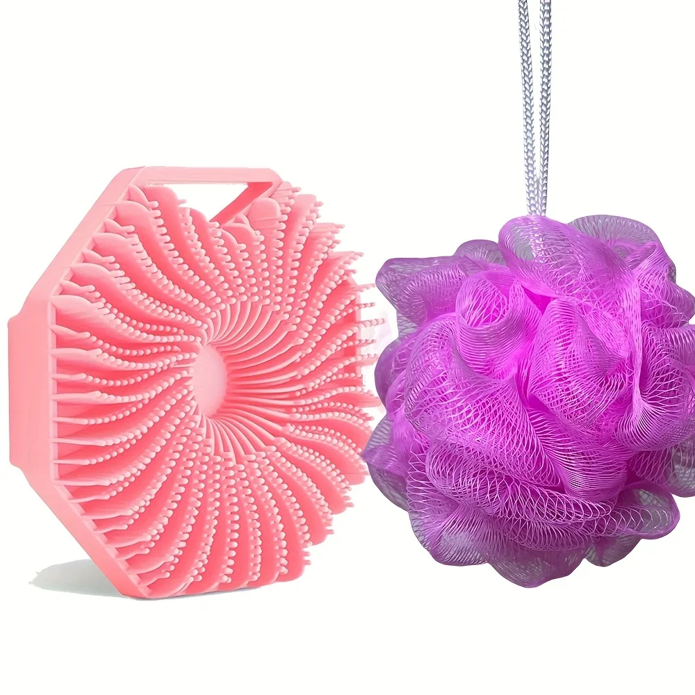 

2PCS Silicone Body Scrub & Mesh Bag Set, Antibacterial Exfoliating Bath Brush for Sensitive Skin, Light Beige