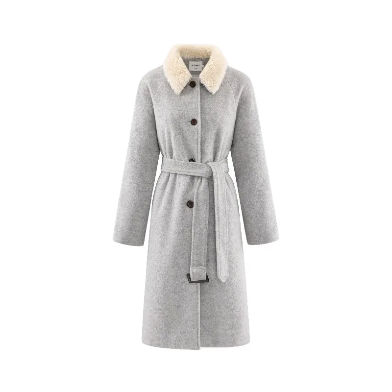 Elegant Wool Coat for Women Lady Belted Long Overcoat with Plush Contrast Lapel Warm Vintage Outerwear Chic Daily Commuter Style