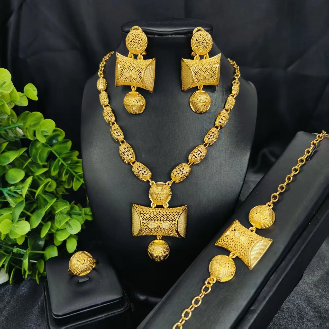 Oval Bead Necklace Earrings Ring Bracelet 4Pcs Set For Women 24K Gold AU999 gentle matching jewelry for daily fashion