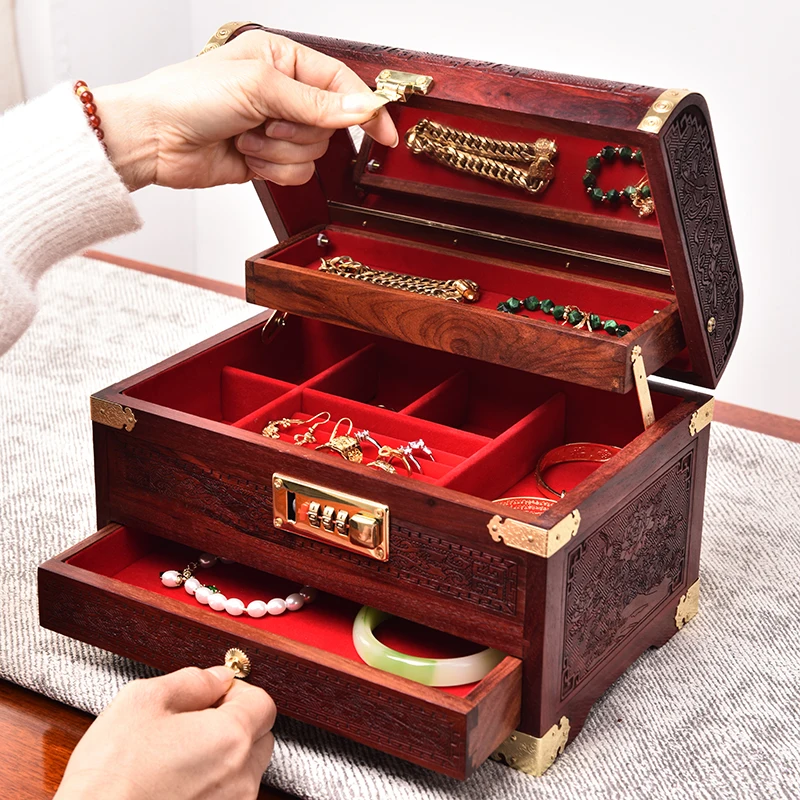 Solid Wood Jewelry Box Organizer with Lock Jewelry Boxes Storage Drawer Ring Necklace Bracelet Earrings Display Stand Accessory