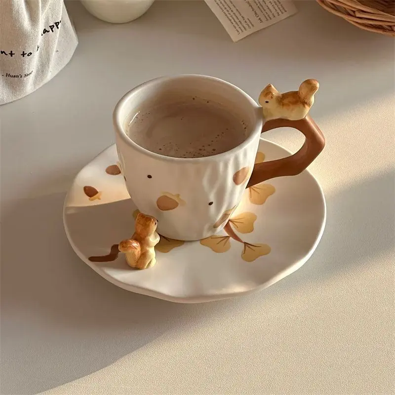 3D Squirrel Ginkgo Ceramic Cup Plate Set Cute Autumn and Winter Coffee Cup Creative Home Drinking Cup Festival Gift Tableware