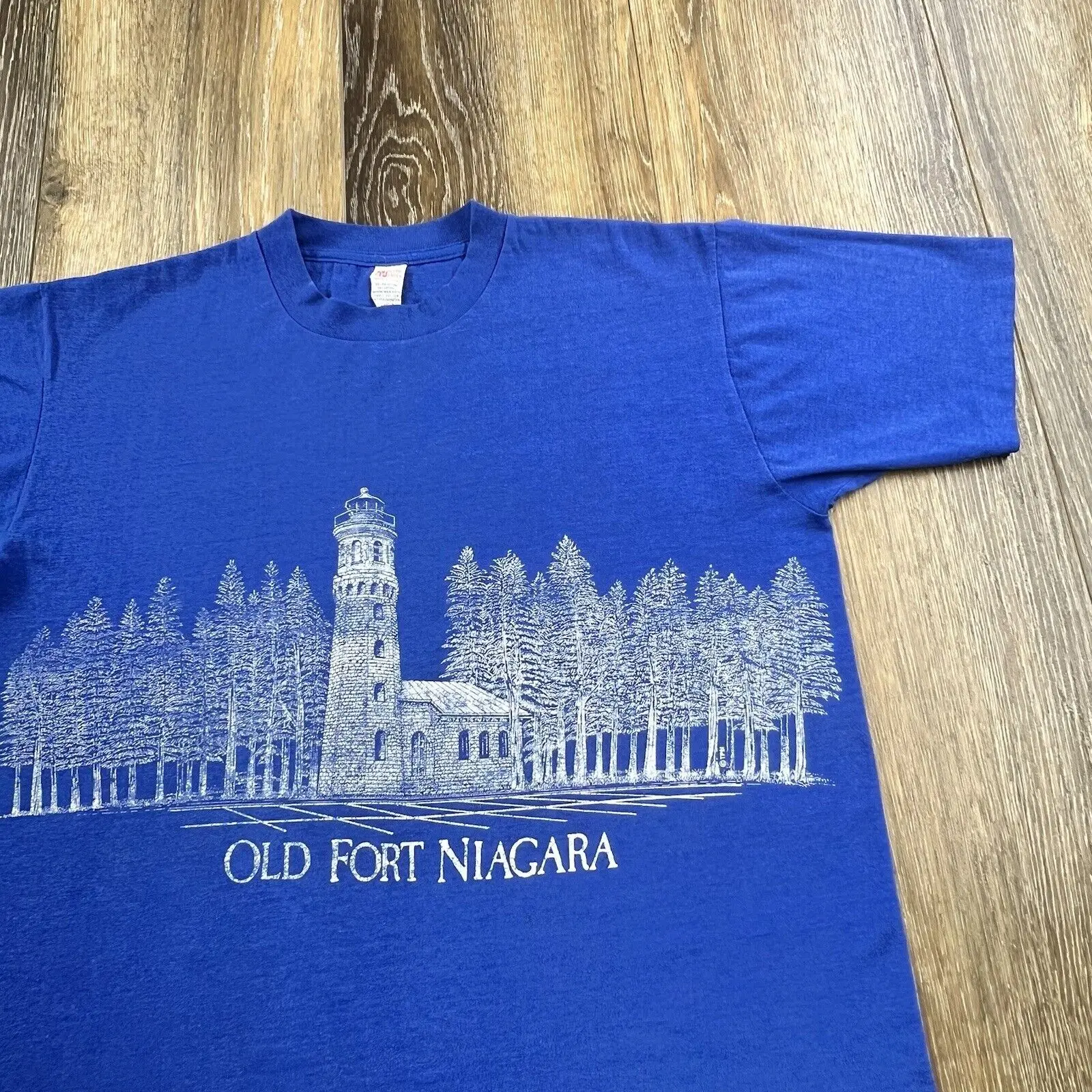 Vintage Old Fort Niagara Shirt Mens XL Blue Lighthouse Wrap Around Woods 90s Tee