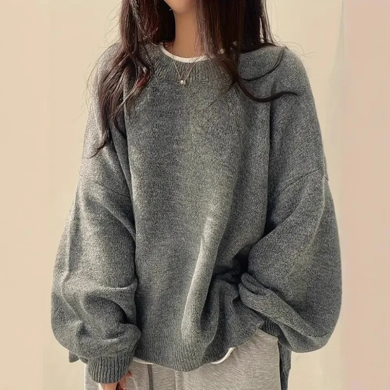 

Deeptown Gray Vintage Women Sweaters Black Lantern Sleeve Korean Fashion Oversized Knit Pullovers Solid Basic Old Money Winter