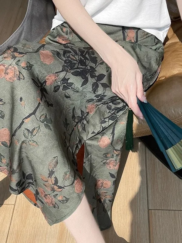 Zomer Nieuwe Hoge Taille Slim Fit Gedrukt Satijnen F Rok Vrouwen Halflange A-lijn Rok Met Sa Hoge Taille uitlopende Rok