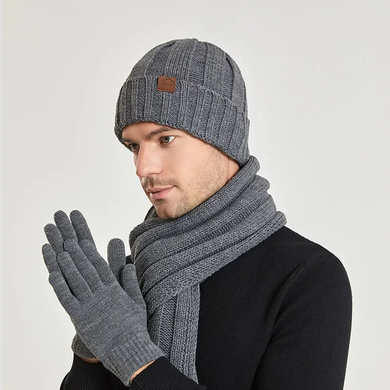 Women Men Knitted Long Scarf Hat Gloves 3pcs Set Winter Thick Plush Fleece-lined Beanies Hat Black Gray Touchscreen Gloves