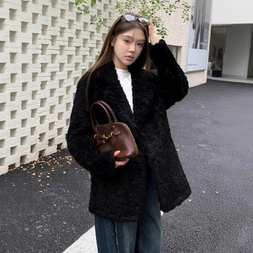 معاطف نسائية من فرو الصوف الصناعي معطف متين وطية صدر السترة وأكمام طويلة وزر واحد مستقيم أنيق غير رسمي لخريف وشتاء 2025