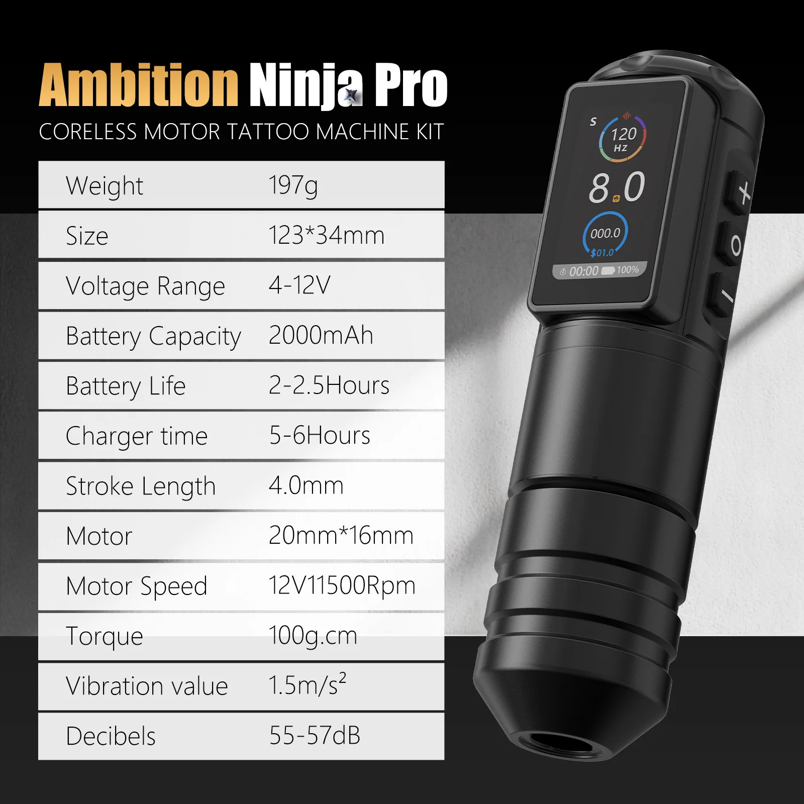 Ambition Ninja Pro+ Strong Coreless Motor Wireless Tattoo Machine Billing Battery 2000mAh Professional Rotary Pen for Artister