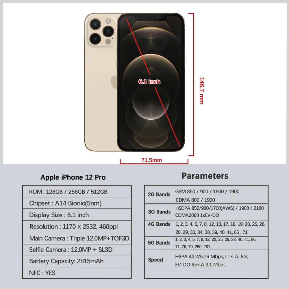 Apple-teléfono inteligente iPhone 12 Pro, Original, 6,1 ", 6G RAM, 128GB/256GB ROM, A14, Chip biónico, desbloqueado, identificación facial, 12MP, 5G