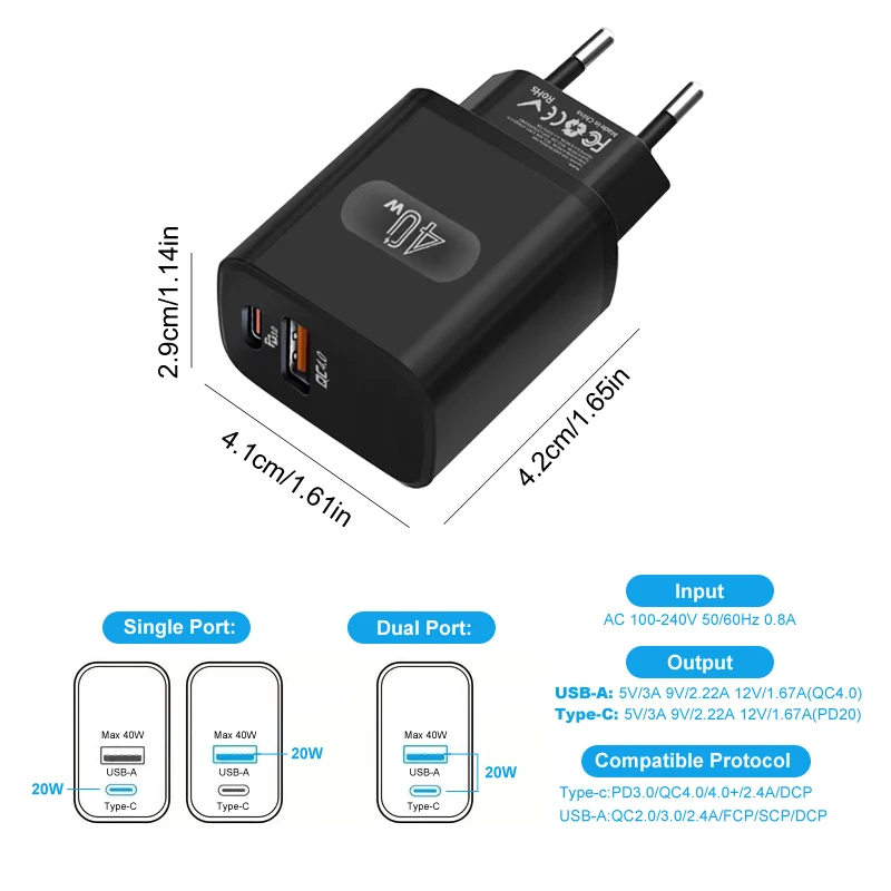 40W USB-C Fast Charger Adapter PD Wall Charger block PD QC 4.0 PPS Dual Port Type C Charger for iPhone Samsung Xiaomi oppo vivo