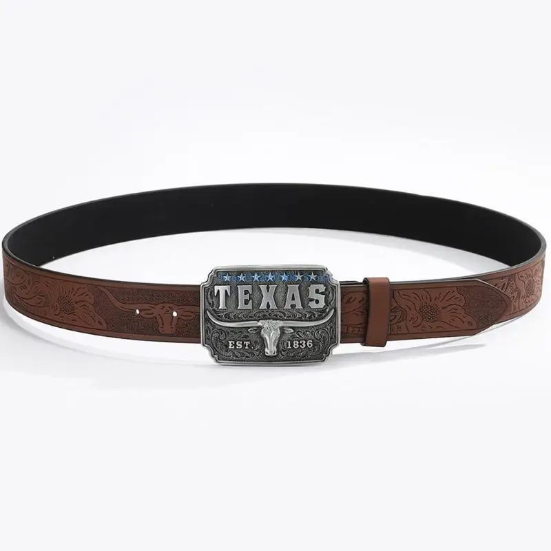 

N7YF Vintage PU Leather Belt Retro Embossing Waist Band with Silver Head Designs for Men’s Fashion and Daily Wear