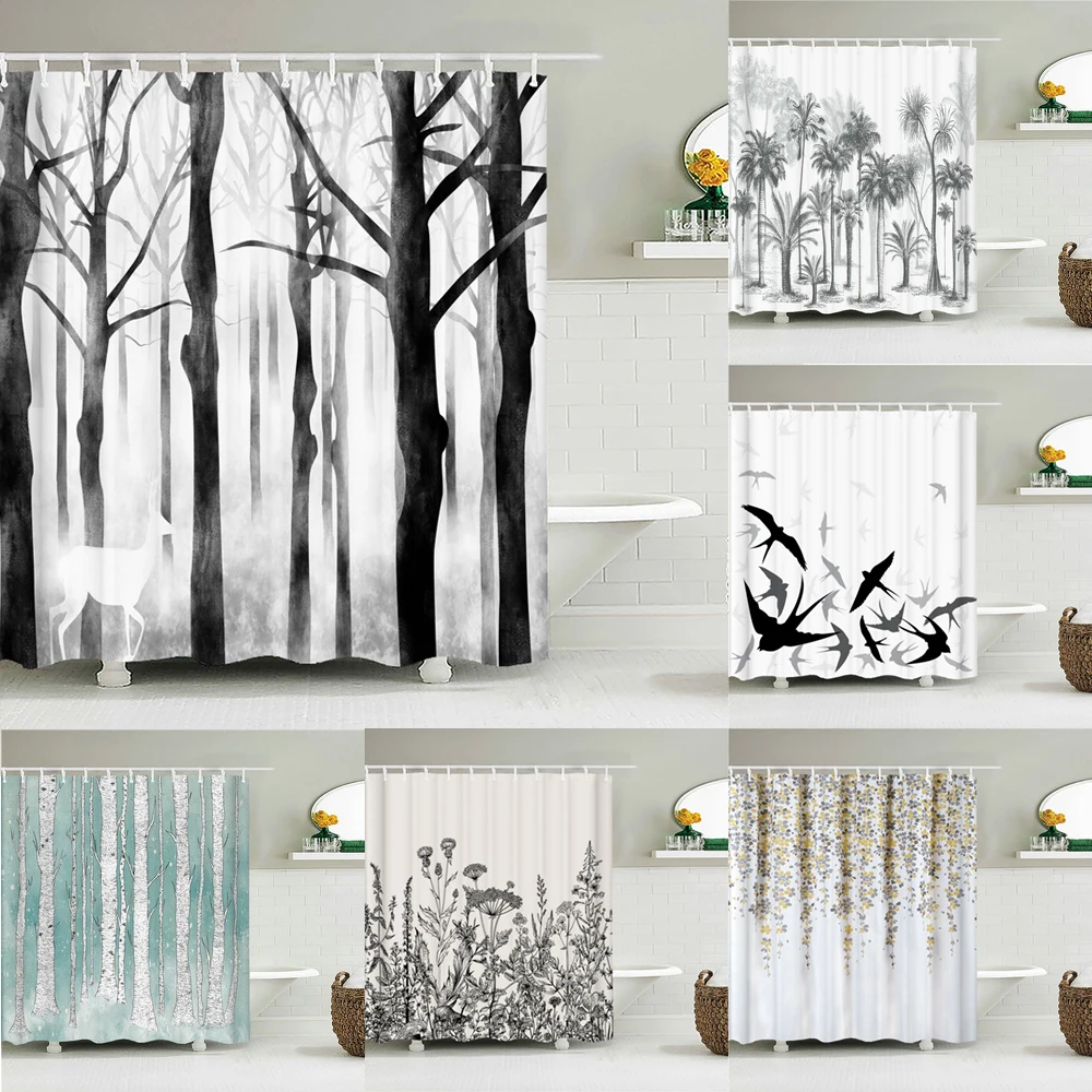 Waterproof Fabric Shower Curtains Tree leaves White Birch Bathroom Large 240X180 3D Print Decoration Shower Curtain Bath Screen