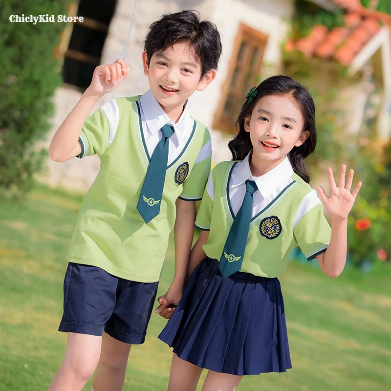 Girls Korean Preppy Fake Two Shirt Skirts Boys Vest Tops Shorts Kids Toddler Clothes Set Children Summer Students School Uniform
