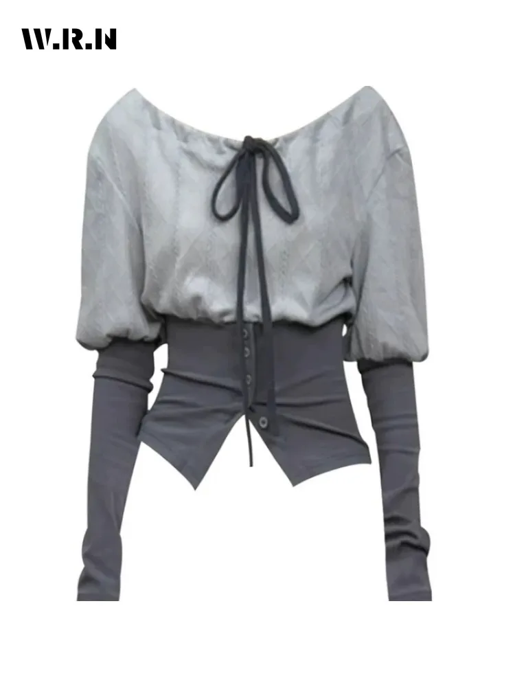 

2025 Winter Casual Lace-up Round Neck Patchwork Round Neck T-Shirts Women's Fashion Elegant Style Sheath Tees Long Sleeve Tops