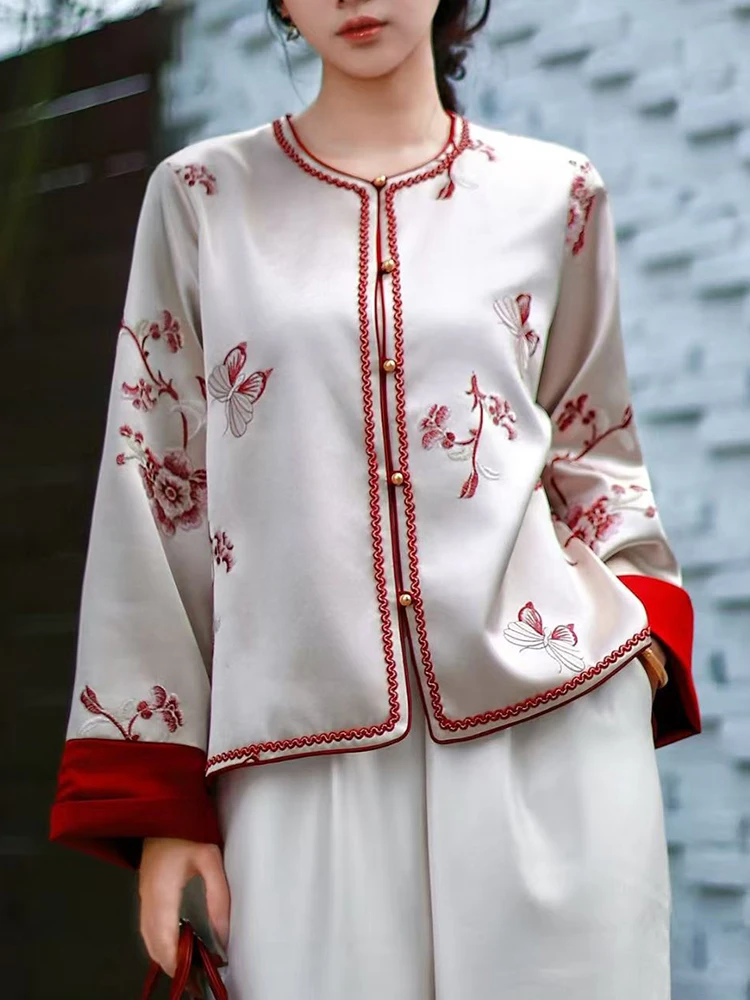 Autumn Fashionable New Chinese Style Stand Collar Contrasting Color Cuffs Acetate Fabric Embroidered Women's Coat S-XL