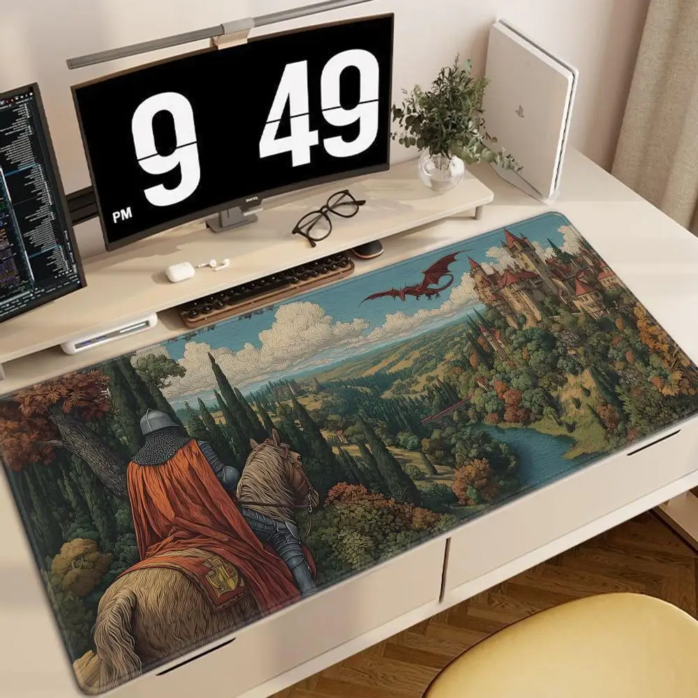 Knight Castle Desk Mat Medieval Fantasy Mousepad Dragon View Desk Pad Heroic Adventure Decor Magical Gaming Setup Gift