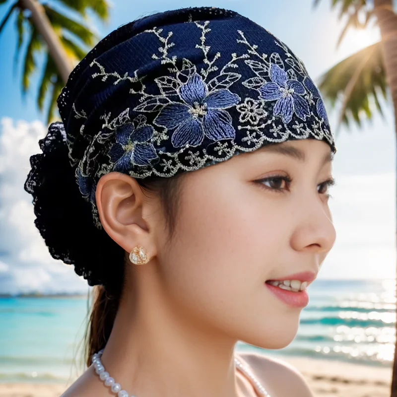 

2025 Women Mother Adult Four Seasons Thin Mesh Flower Embroidery Hat Headband Female Hair Accessories Headscarf New Headwear