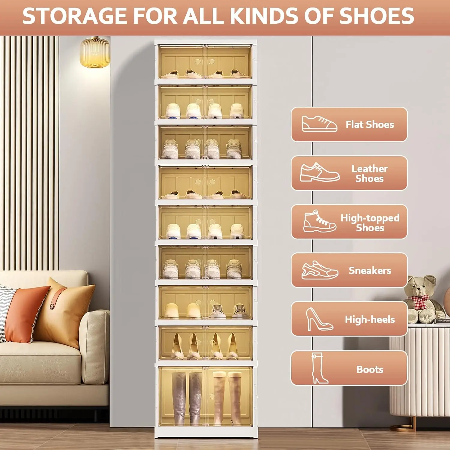 9 Tier 36 Pairs Shoe Organizer Cabinet Stackable Sneaker Storage Boxes, Foldable Shoes Storage Box with Doors Plastic Storage