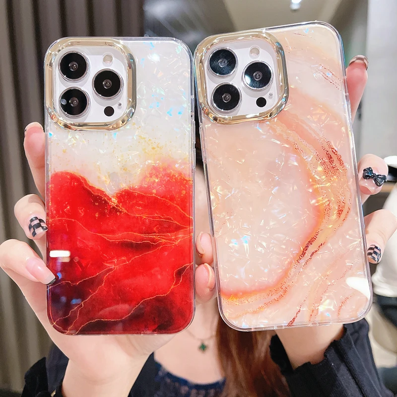 Luxury Marble Shell Pattern Laser Phone Case For iPhone 16 Pro Max 15 14 13 12 11 Glitter Plating Soft Shockproof Bumper Cover