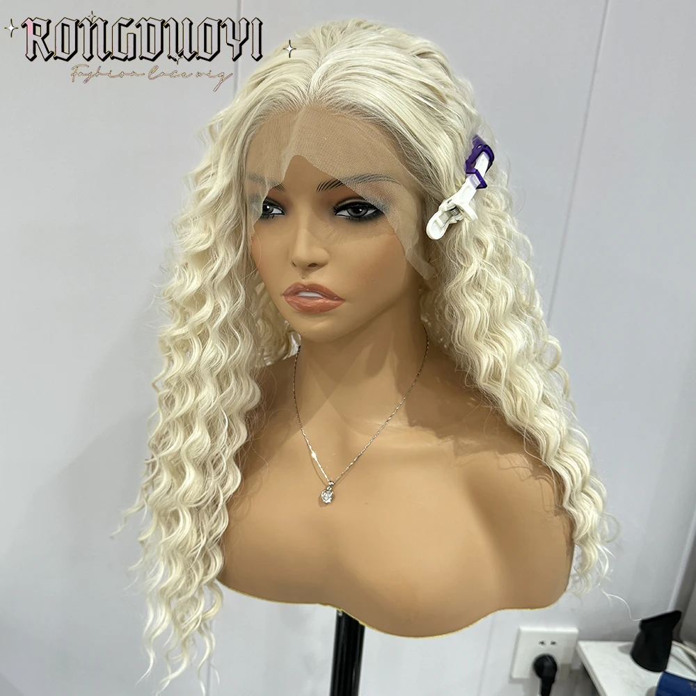 RDY Platinum Blonde Wig Synthetic Lace Front Wigs For Women Long Deep Curly Lace Hair White Blonde Wig Free Part Cosplay Frontal