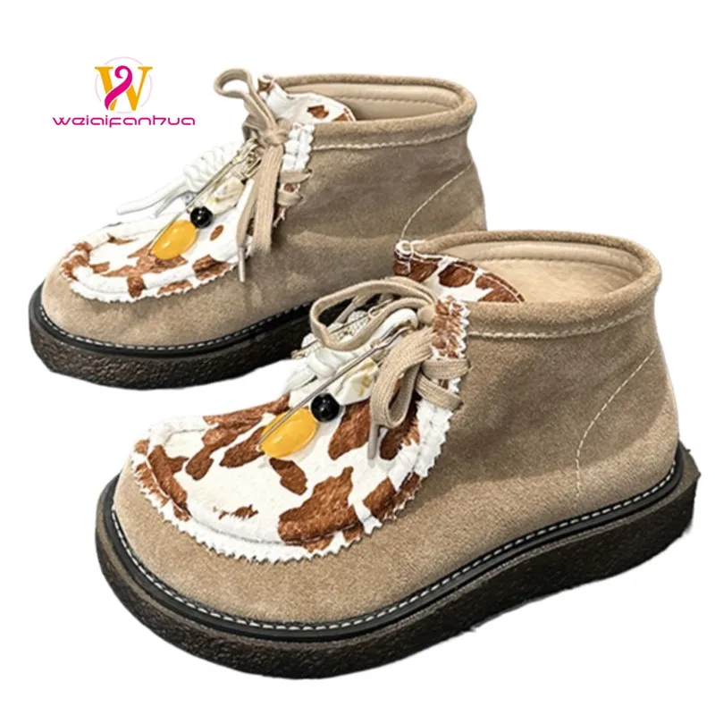 

Women's Boots - 2026new Style Suede Retro Square-toe Mohair Patching British Thick-soled Casual Shoes with High Heel Ankle Boots